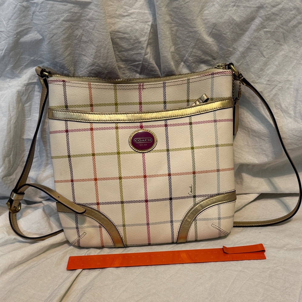 Coach White and Multicolor Plaid Crossbody Bag